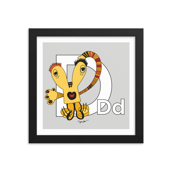 Letter D Art 10x10 Print Framed, Grey, featuring Dee + Dancipants. For Nursery Rooms, Kids Rooms and Playrooms.