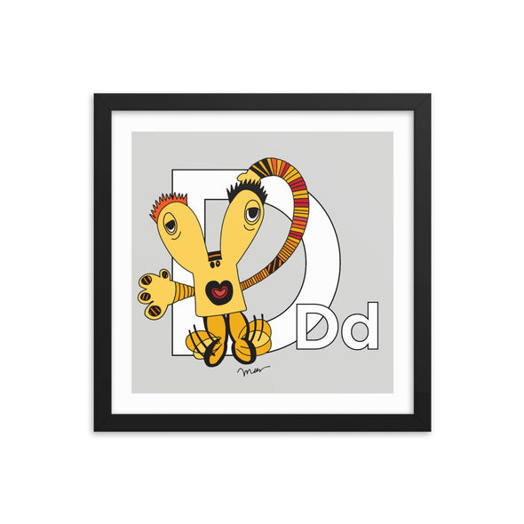 Letter D Art 14x14 Print Framed, Grey, featuring Dee + Dancipants. For Nursery Rooms, Kids Rooms and Playrooms.