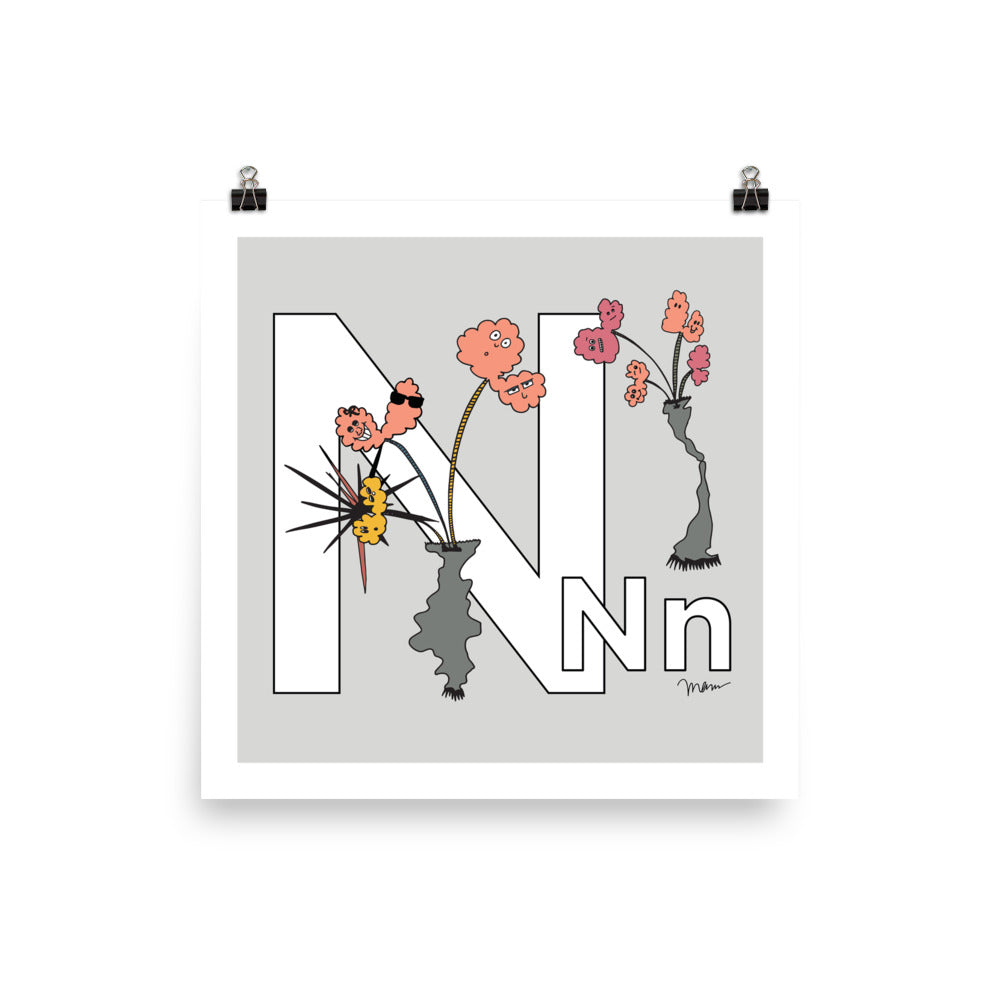 The MoMeMans® Nursery and Kid's Room Letter N Print by Monica Escobar Allen. For our no-nonsense little N friends.