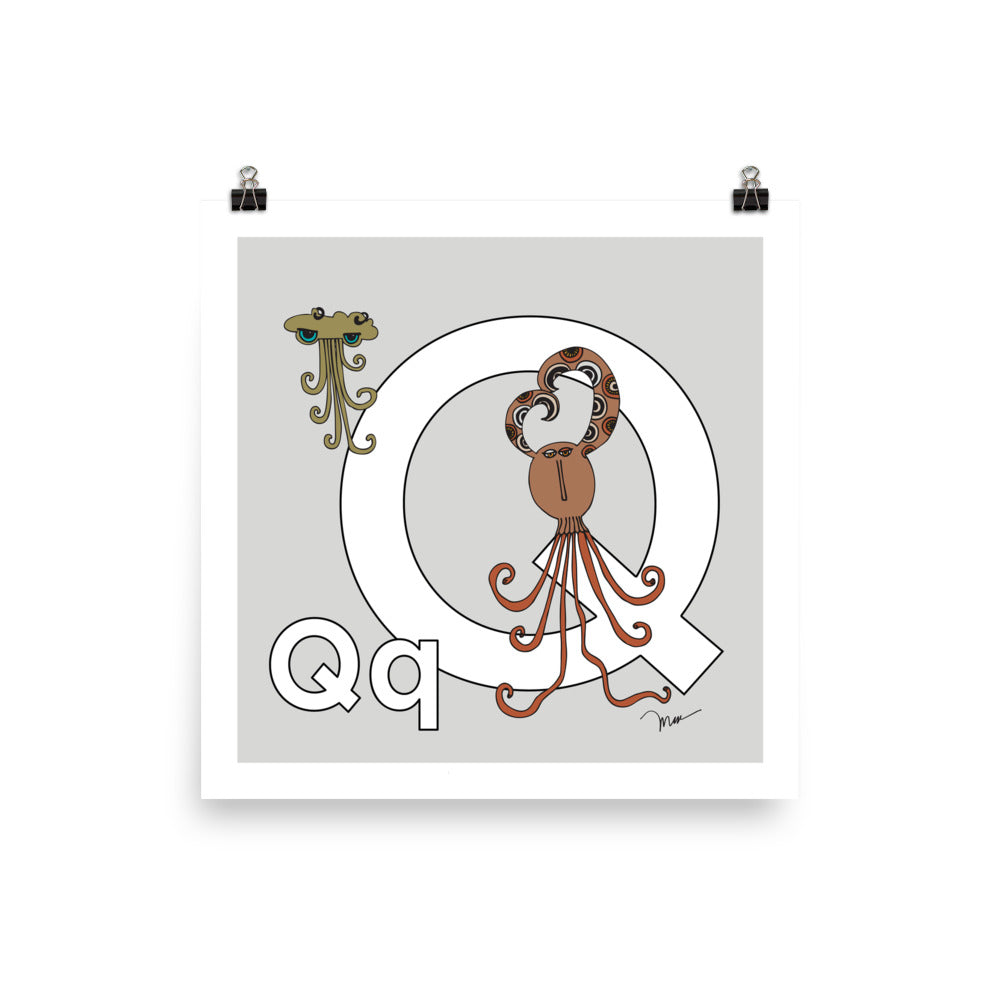Letter Q Print. The MoMeMans® Nursery and Kid's Room Alphabet Wall Art by Monica Escobar Allen.