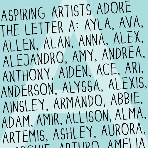 Aspiring artists love the letter A: Ayla, Ava, Allen and Alan. Anna, Alex, Alejandro, Amy, Andrea and Anthony. Aiden, Ace, Ari, Anderson, Alyssa, Alexis and Ainsley. Armando, Abbie, Adam, Amir, Allison and Alma. Artemis, Ashley, Aurora and Archie. And Arturo. And Amelia...and... 
