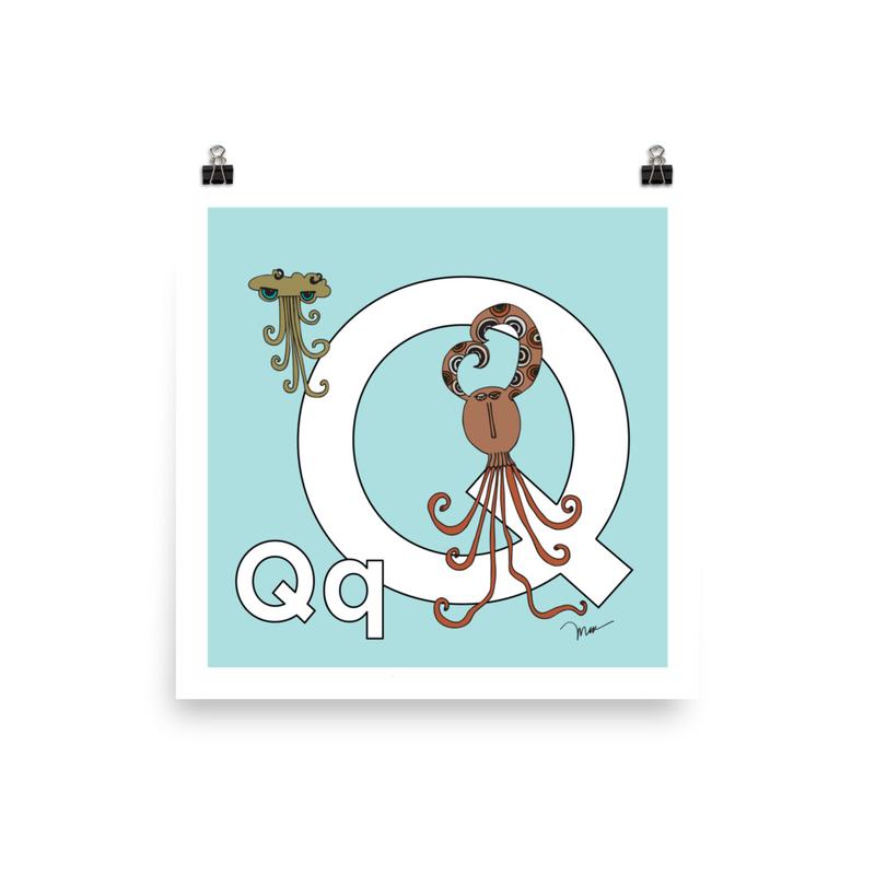 Letter Q Print. The MoMeMans® Nursery and Kid's Room Alphabet Wall Art by Monica Escobar Allen.