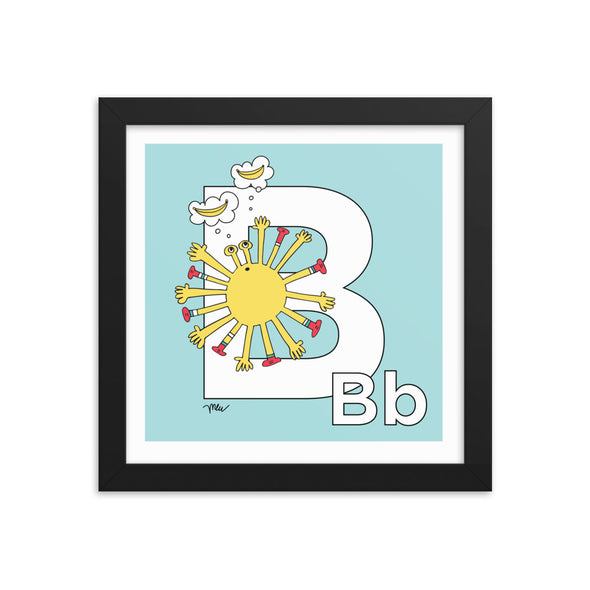 Letter B Art Print, Grey, featuring Bea. For Nursery Rooms, Kids Rooms and Playrooms. The MoMeMans® Stories, Decor and Gifts for Creative Little Kids and Grown-up Kids by Monica Escobar Allen.