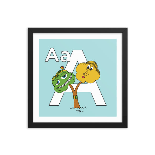 The Letter A Print. 14x14 in. Aqua. Black frame. Nursery and Kid's Room Alphabet Prints from The MoMeMans. Inspired by the ZYX Project: Alliterative Alphabet Adventures complete with Valuable Life Lessons for babies and tots—but really written for grown-ups.