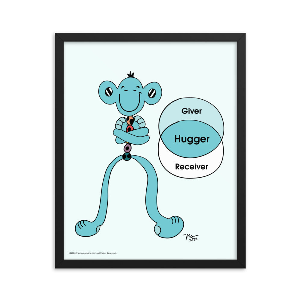 Hugger Framed Art Print | themomemans.com The MoMeMans, by Monica Escobar Allen, are on a mission to bring joy to parenting by finding the funny, sunny side with Poetry + Songs + Art + Gifts for Creative Grown-Up Kids. Based in Brooklyn, NY.