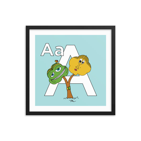 The Letter A Print. 18x18 in. Aqua. Black frame. Nursery and Kid's Room Alphabet Prints from The MoMeMans. Inspired by the ZYX Project: Alliterative Alphabet Adventures complete with Valuable Life Lessons for babies and tots—but really written for grown-ups.