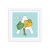 The Letter A Print. 10x10 in. Aqua. White frame. Nursery and Kid's Room Alphabet Prints from The MoMeMans. Inspired by the ZYX Project: Alliterative Alphabet Adventures complete with Valuable Life Lessons for babies and tots—but really written for grown-ups.