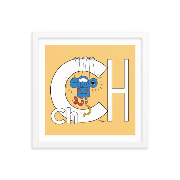 14x14 Framed Letter Ch Art Print, Banana, featuring Charlie from the ZYX Project. For Nursery Rooms, Kids Rooms and Playrooms.