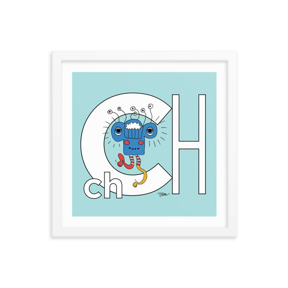 14x14 Framed Letter Ch Art Print, Banana, featuring Charlie from the ZYX Project. For Nursery Rooms, Kids Rooms and Playrooms.