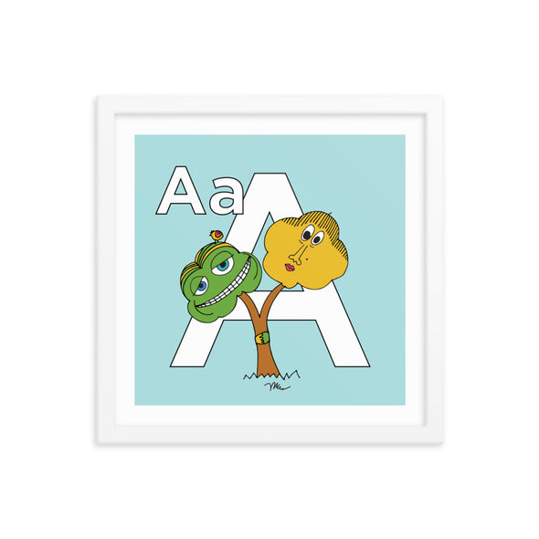 The Letter A Print. 14x14 in. Aqua. White frame. Nursery and Kid's Room Alphabet Prints from The MoMeMans. Inspired by the ZYX Project: Alliterative Alphabet Adventures complete with Valuable Life Lessons for babies and tots—but really written for grown-ups.