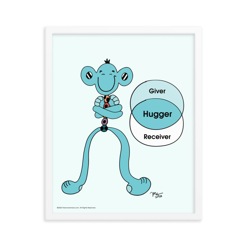 Hugger Framed Art Print | themomemans.com The MoMeMans, by Monica Escobar Allen, are on a mission to bring joy to parenting by finding the funny, sunny side with Poetry + Songs + Art + Gifts for Creative Grown-Up Kids. Based in Brooklyn, NY.