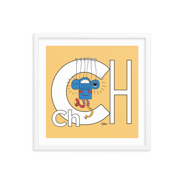 18x18 Framed Letter Ch Art Print, Banana, featuring Charlie from the ZYX Project. For Nursery Rooms, Kids Rooms and Playrooms.