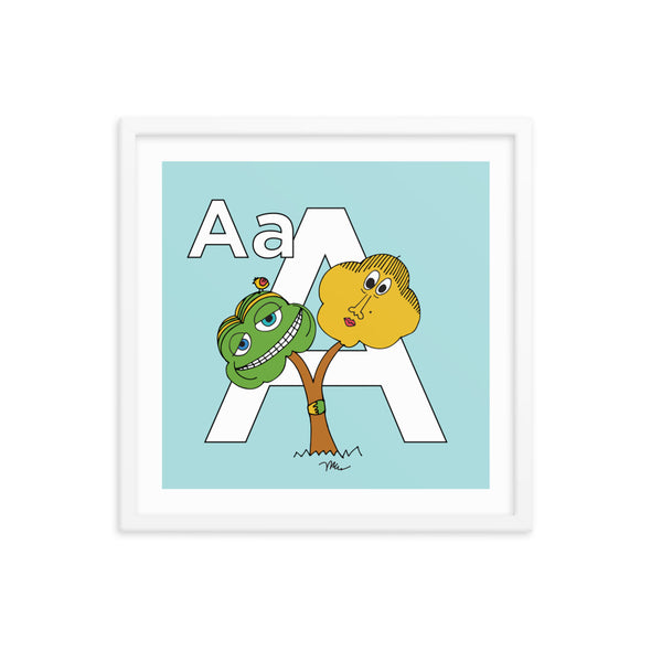 The Letter A Print. 18x18 in. Aqua. White frame. Nursery and Kid's Room Alphabet Prints from The MoMeMans. Inspired by the ZYX Project: Alliterative Alphabet Adventures complete with Valuable Life Lessons for babies and tots—but really written for grown-ups.