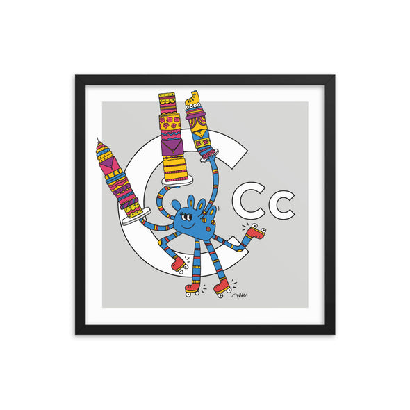 Letter C Art Print 18x18 Framed, Grey, featuring Camila. For Nursery Rooms, Kids Rooms and Playrooms.